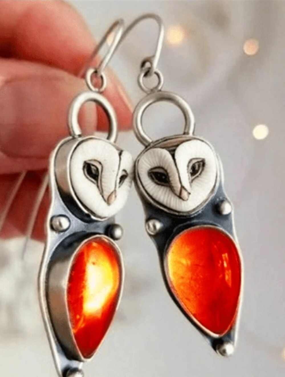 Silvertone Owl Drop Earrings with Orange Resin Accent